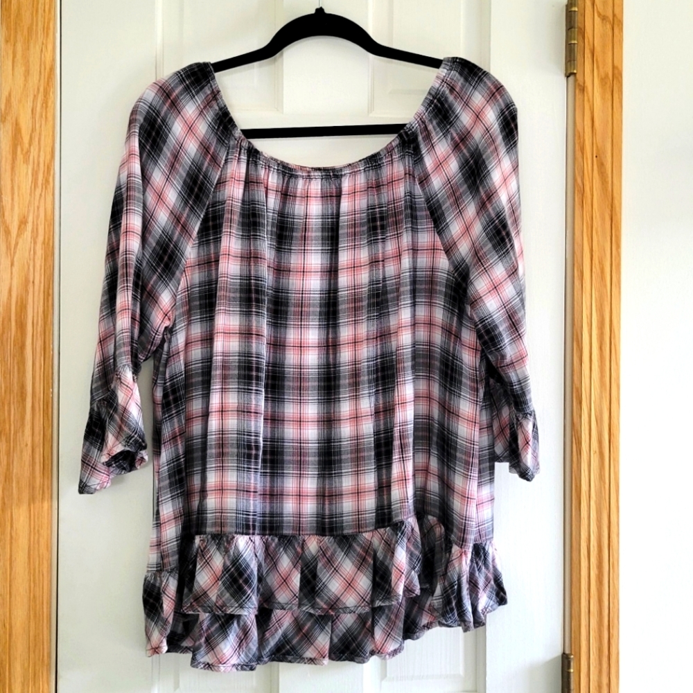 Fall Plaid Blouse with Ruffle and Elastic